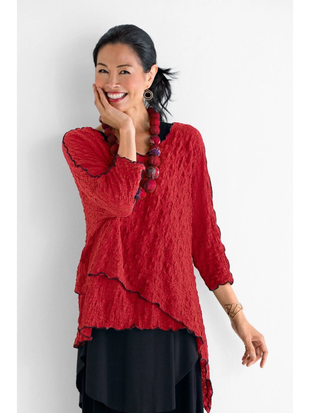 Noblu Red 3/4 Sleeve Pucker Asymmetrical Layered Lagenlook Top